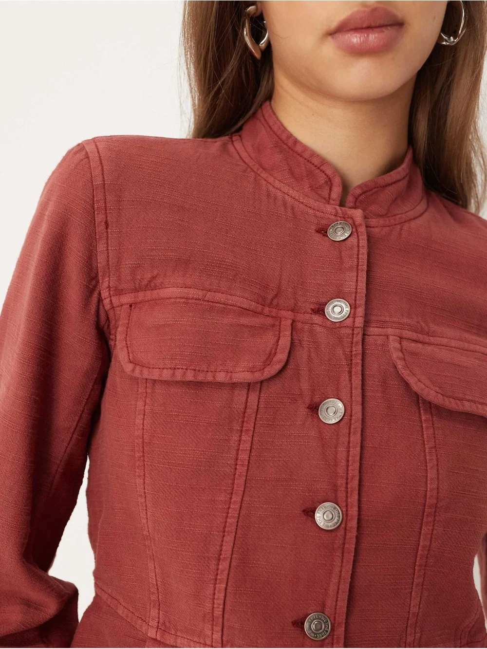 Free People Jocelyn Cotton Jacket M Women's Red Dahlia Peplum Coat - Picture 4 of 8